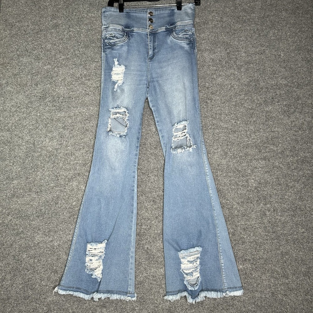 Chnt Juniors High Waist Distressed Flared Jeans Size 14 Bohemian‎